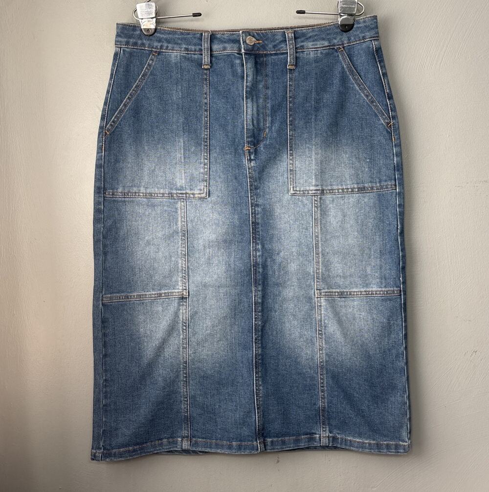 Midi Denim Pencil Skirt Size 12 Blue Jean Straight Stretch Western Y2K Patchwork